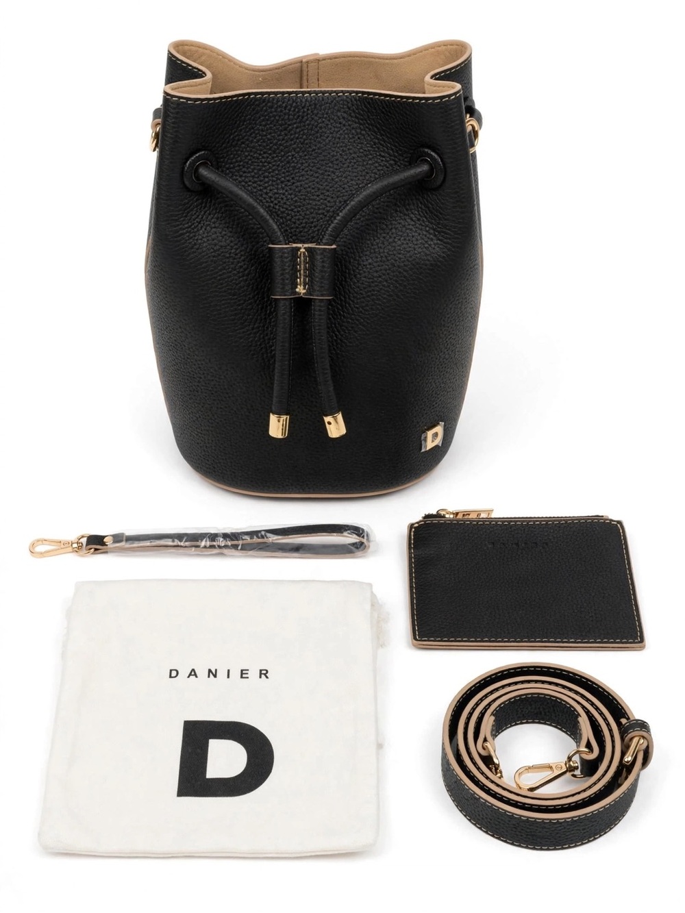 Danier Black Pebbled Leather Bucket Bag with Beige Trim and Pouch
